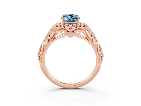 Rose gold Cushion Cut Aquamarine Solitaire Ring with Hidden Halo and Pavé Band_15