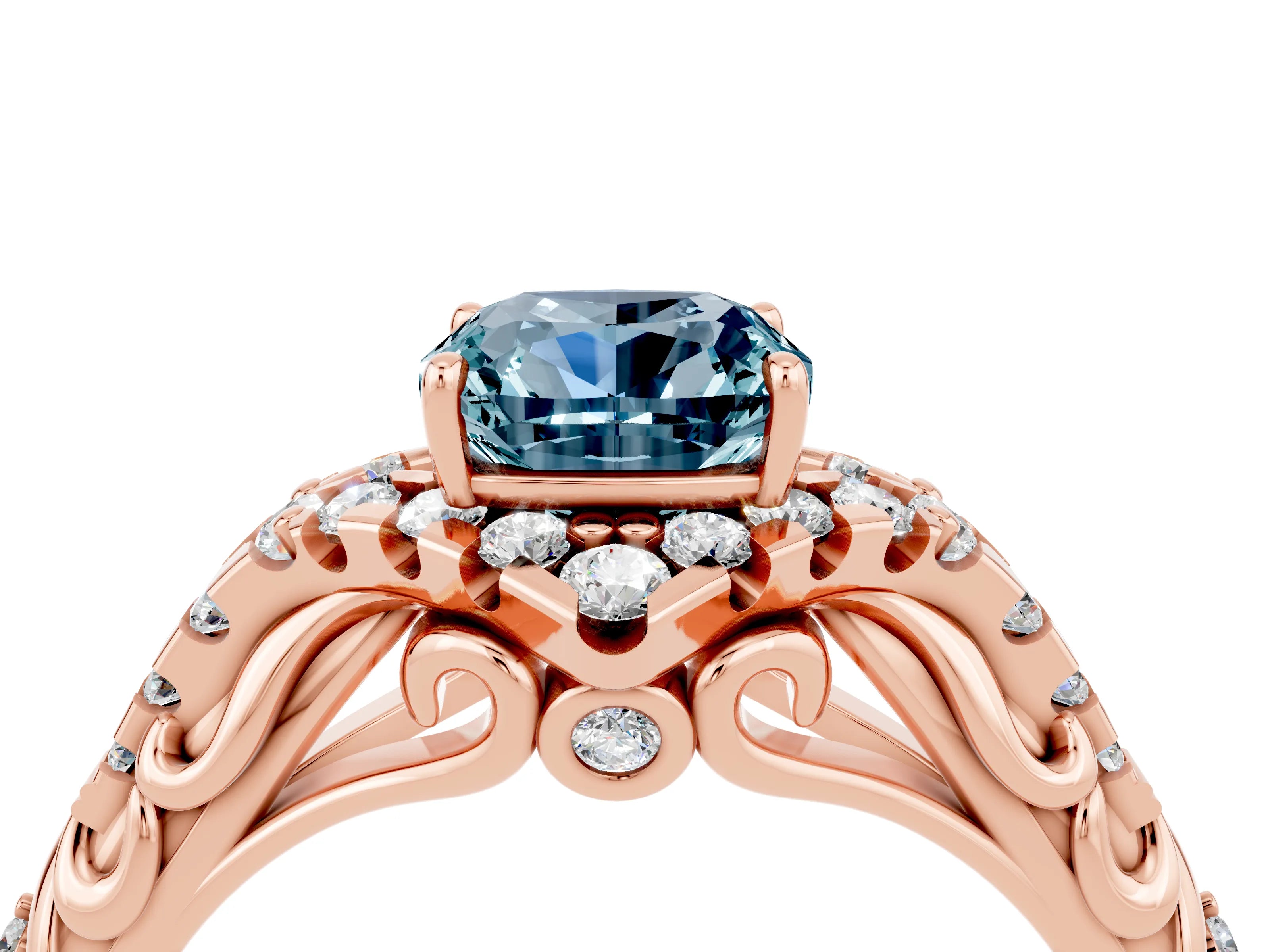 Rose gold Cushion Cut Aquamarine Solitaire Ring with Hidden Halo and Pavé Band_16