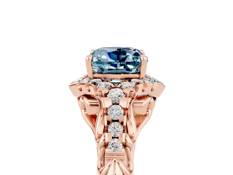 Rose gold Cushion Cut Aquamarine Solitaire Ring with Hidden Halo and Pavé Band_17