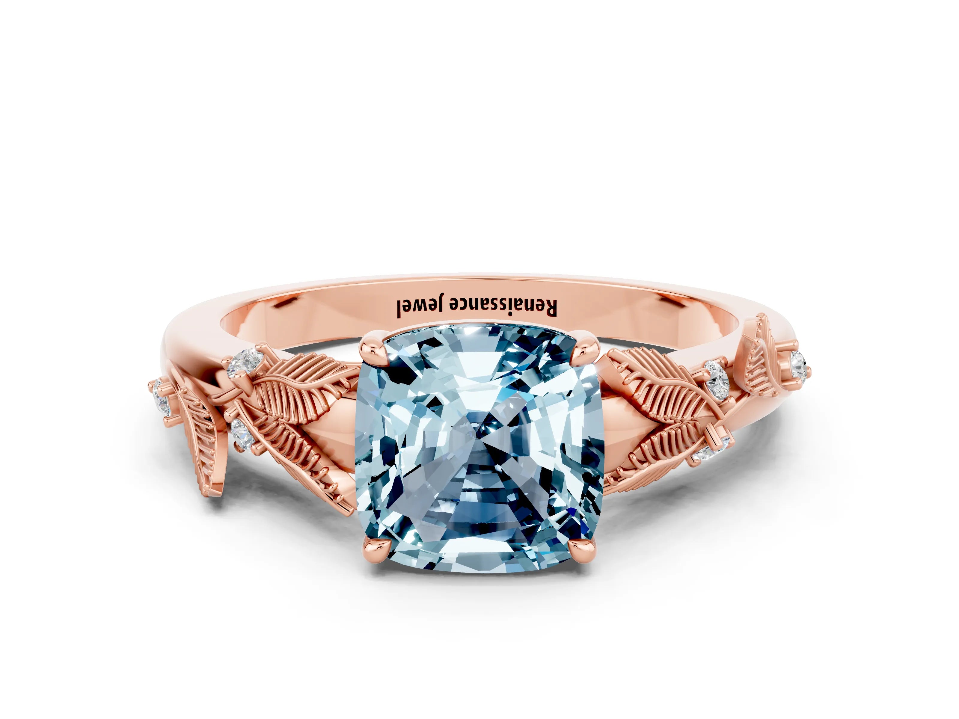 Rose gold Cushion Cut Aquamarine Solitaire Ring with Leaf Motif Band and Four-Prong Setting