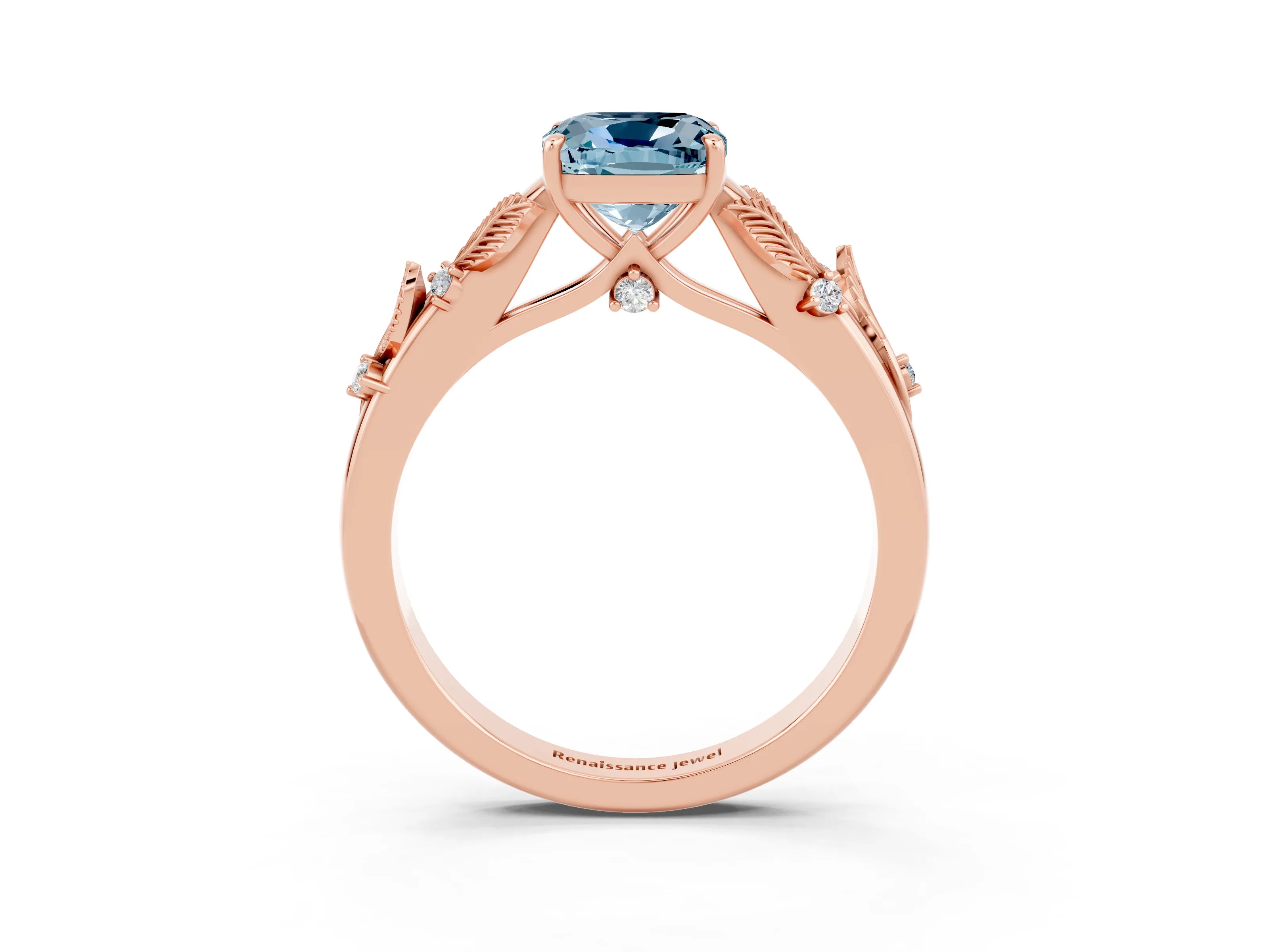 Rose gold Cushion Cut Aquamarine Solitaire Ring with Leaf Motif Band and Four-Prong Setting_3