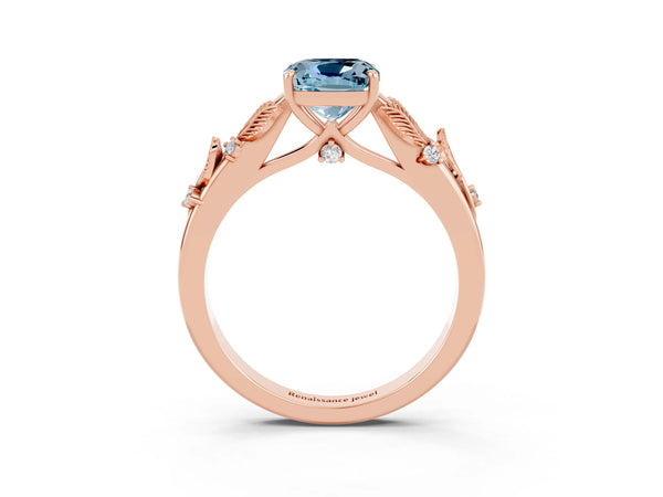 Rose gold Cushion Cut Aquamarine Solitaire Ring with Leaf Motif Band and Four-Prong Setting