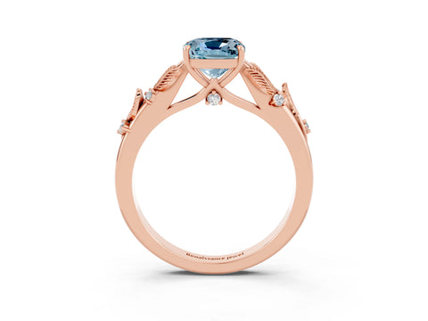 Rose gold Cushion Cut Aquamarine Solitaire Ring with Leaf Motif Band and Four-Prong Setting_3