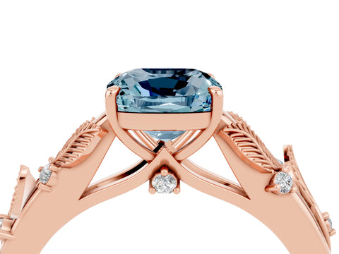 Rose gold Cushion Cut Aquamarine Solitaire Ring with Leaf Motif Band and Four-Prong Setting_4