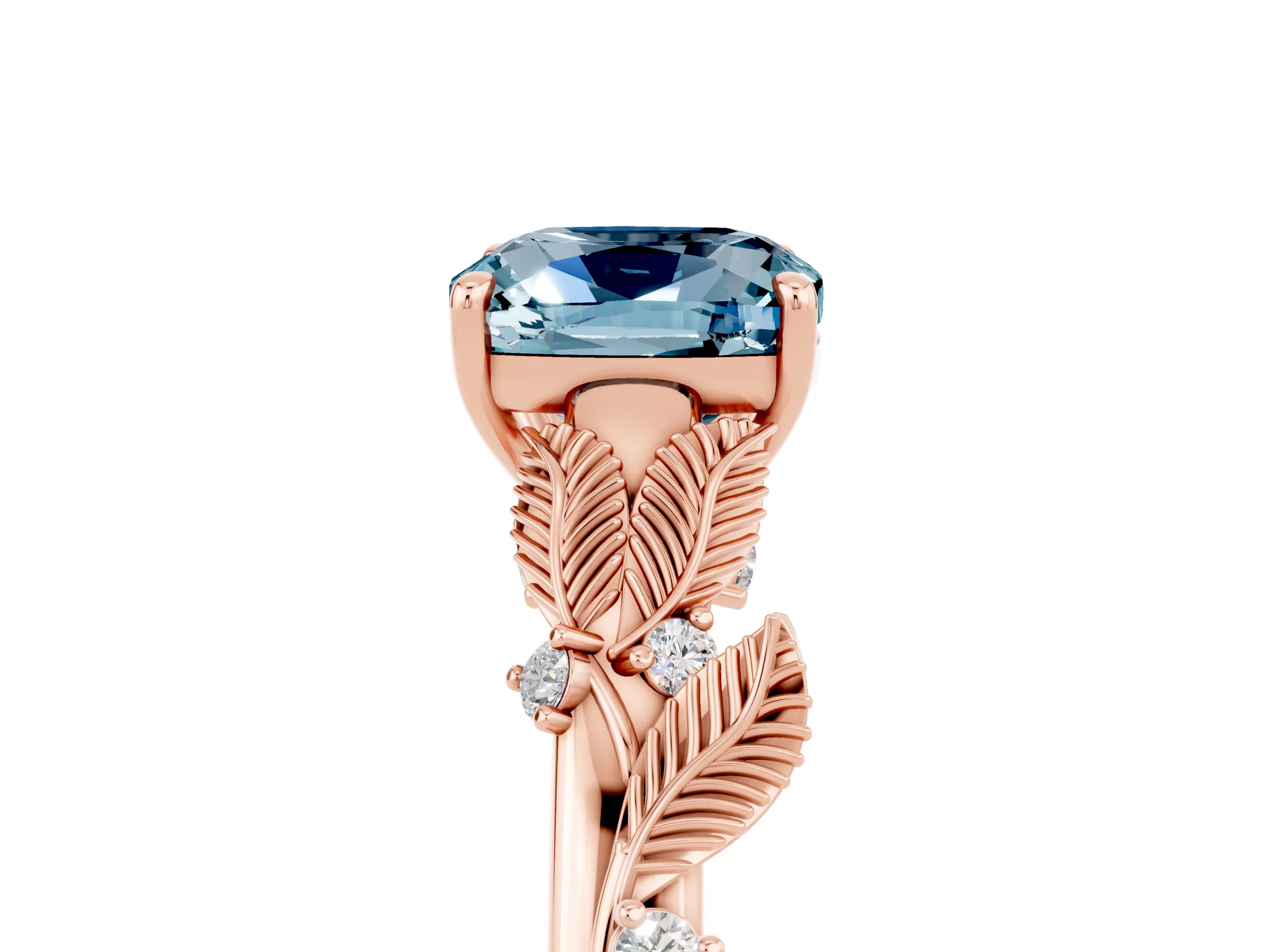 Rose gold Cushion Cut Aquamarine Solitaire Ring with Leaf Motif Band and Four-Prong Setting_5
