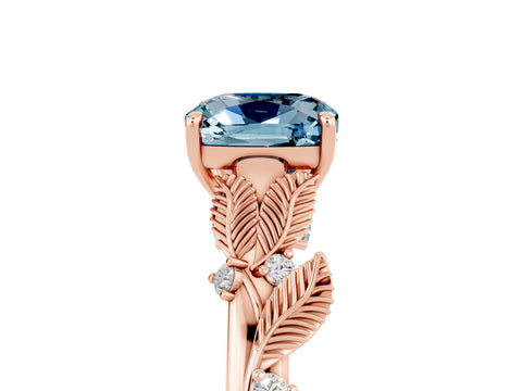 Rose gold Cushion Cut Aquamarine Solitaire Ring with Leaf Motif Band and Four-Prong Setting_5