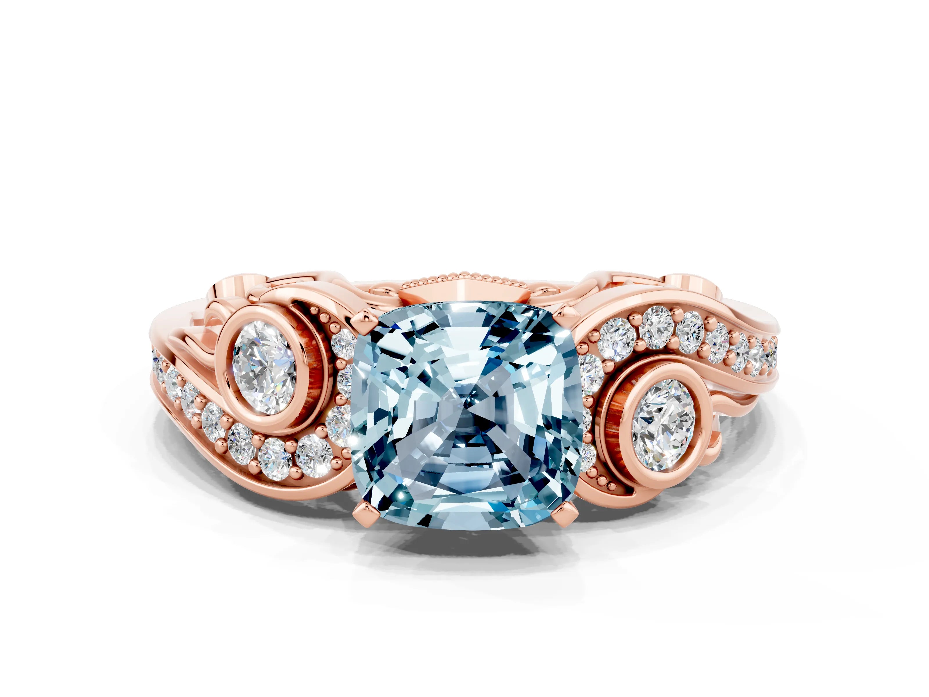Rose gold Cushion Cut Aquamarine Solitaire Ring with Milgrain Pavé Band and Four-Prong Setting_24