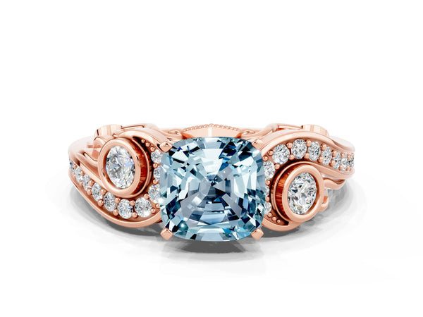Rose gold Cushion Cut Aquamarine Solitaire Ring with Milgrain Pavé Band and Four-Prong Setting