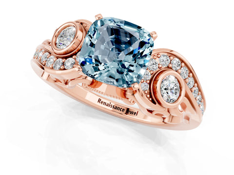 Rose gold Cushion Cut Aquamarine Solitaire Ring with Milgrain Pavé Band and Four-Prong Setting_25