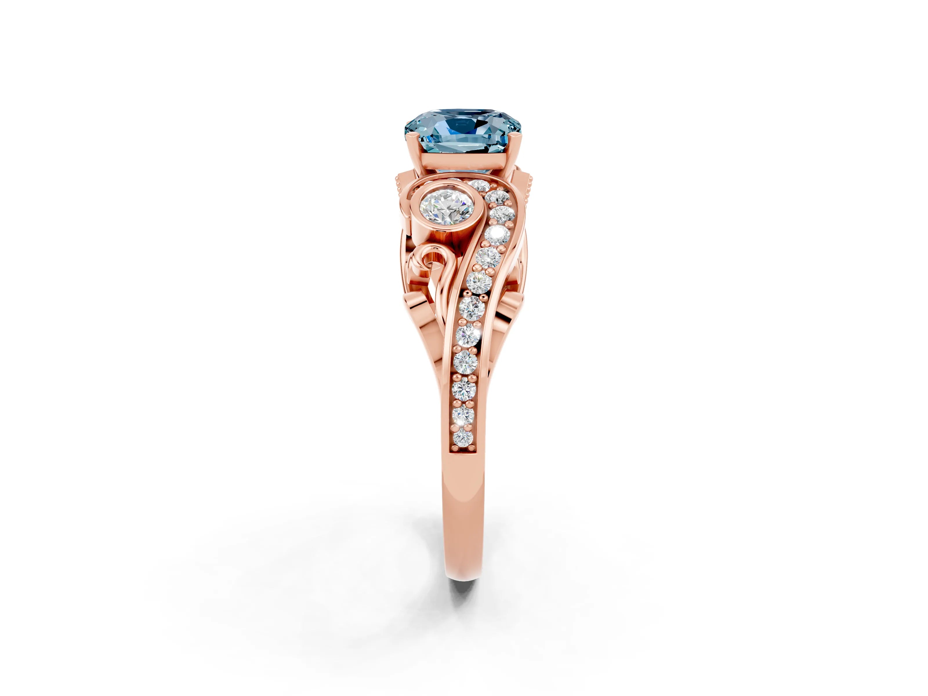 Rose gold Cushion Cut Aquamarine Solitaire Ring with Milgrain Pavé Band and Four-Prong Setting_26