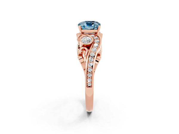 Rose gold Cushion Cut Aquamarine Solitaire Ring with Milgrain Pavé Band and Four-Prong Setting