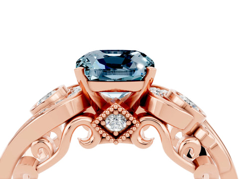 Rose gold Cushion Cut Aquamarine Solitaire Ring with Milgrain Pavé Band and Four-Prong Setting_28