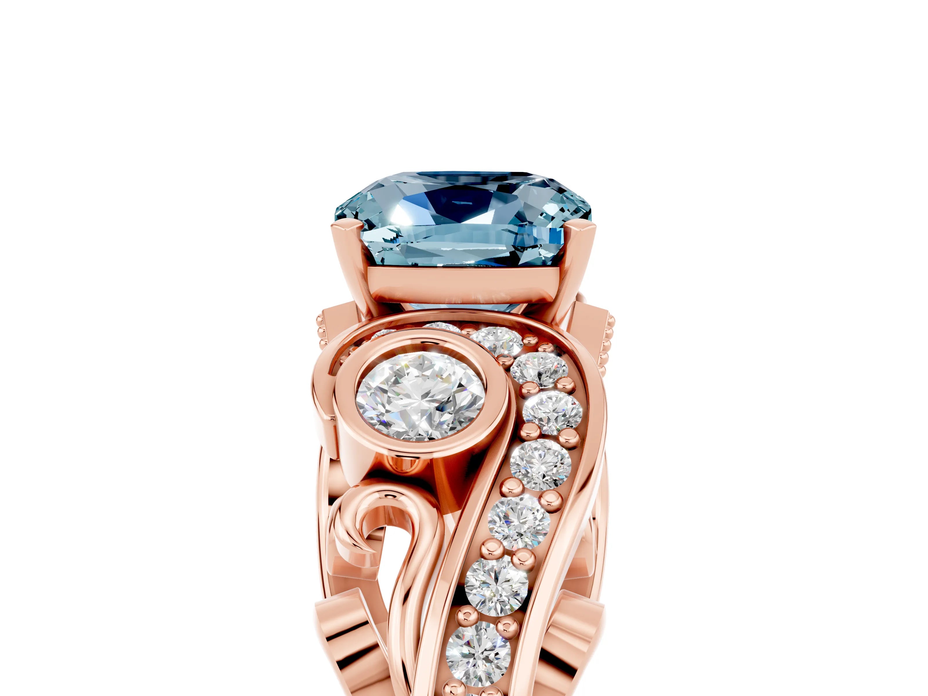 Rose gold Cushion Cut Aquamarine Solitaire Ring with Milgrain Pavé Band and Four-Prong Setting_29