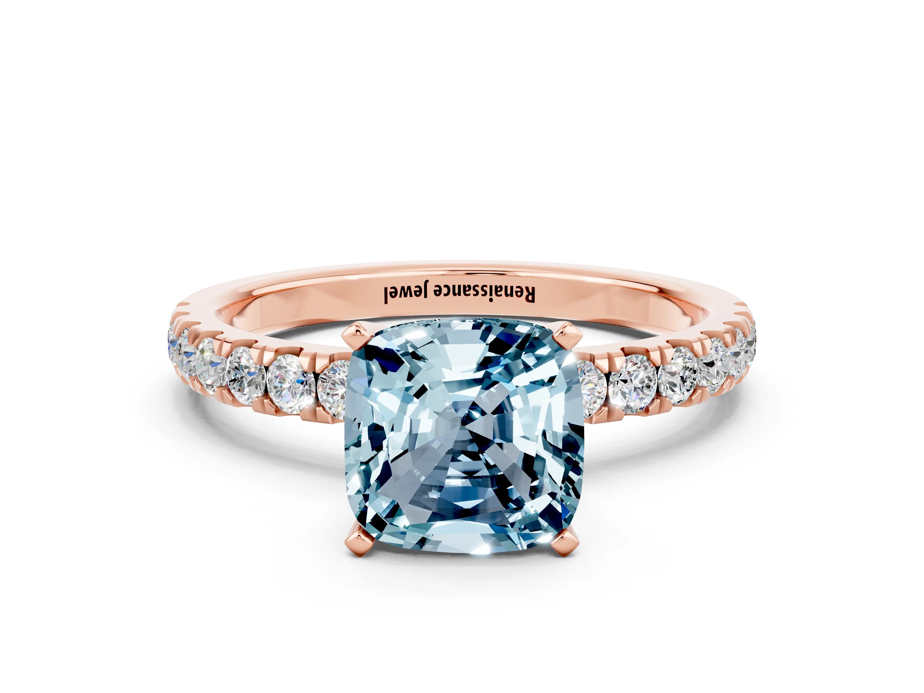Rose gold Cushion Cut Aquamarine Solitaire Ring with Pavé Accents and Four-Prong Setting