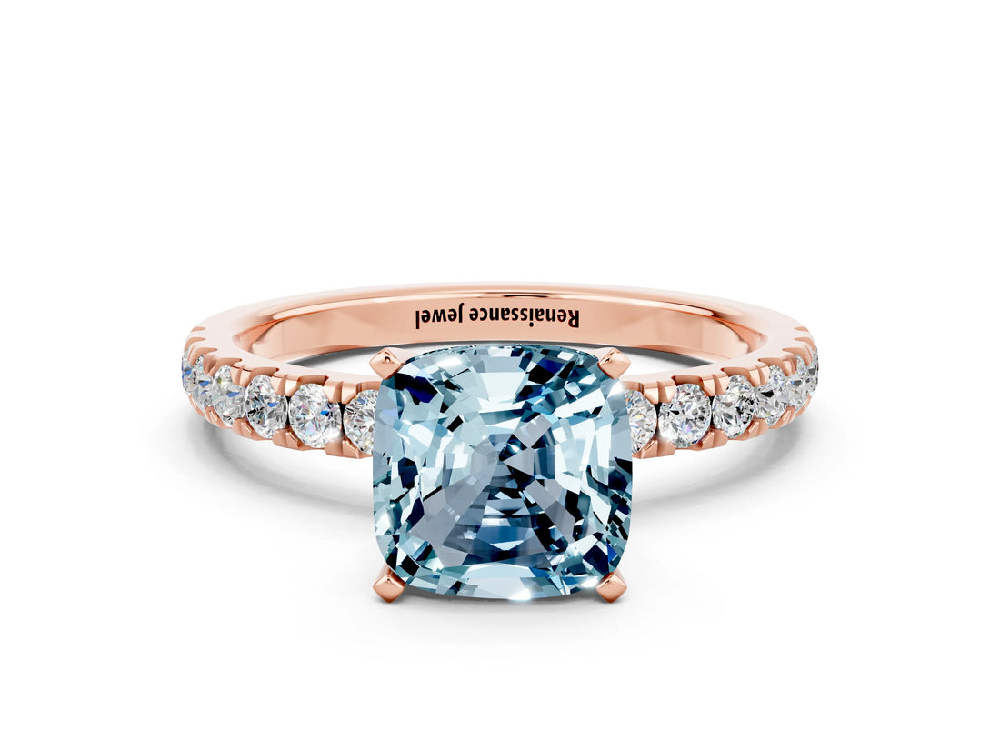 Rose gold Cushion Cut Aquamarine Solitaire Ring with Pavé Accents and Four-Prong Setting