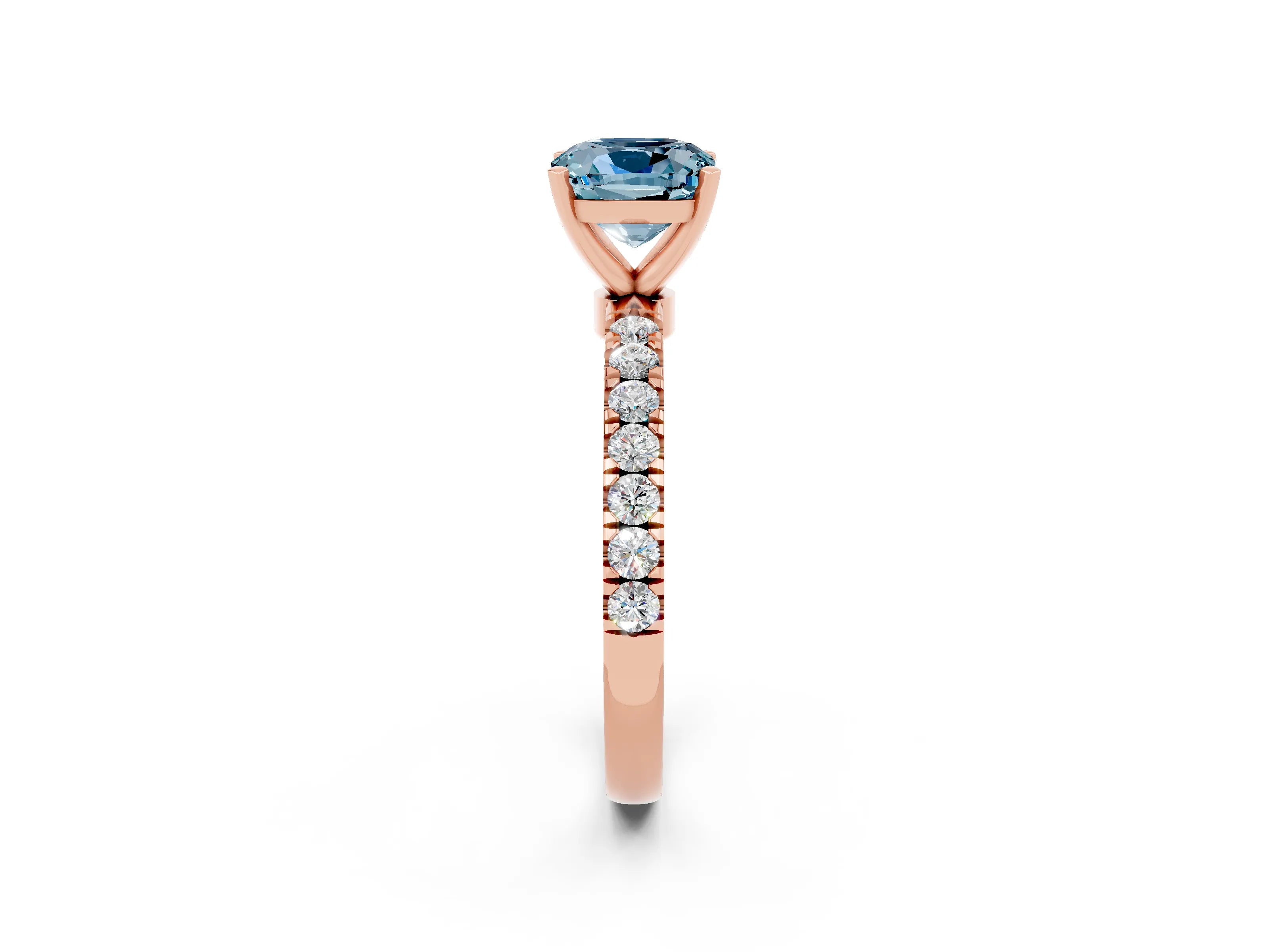 Rose gold Cushion Cut Aquamarine Solitaire Ring with Pavé Accents and Four-Prong Setting_2