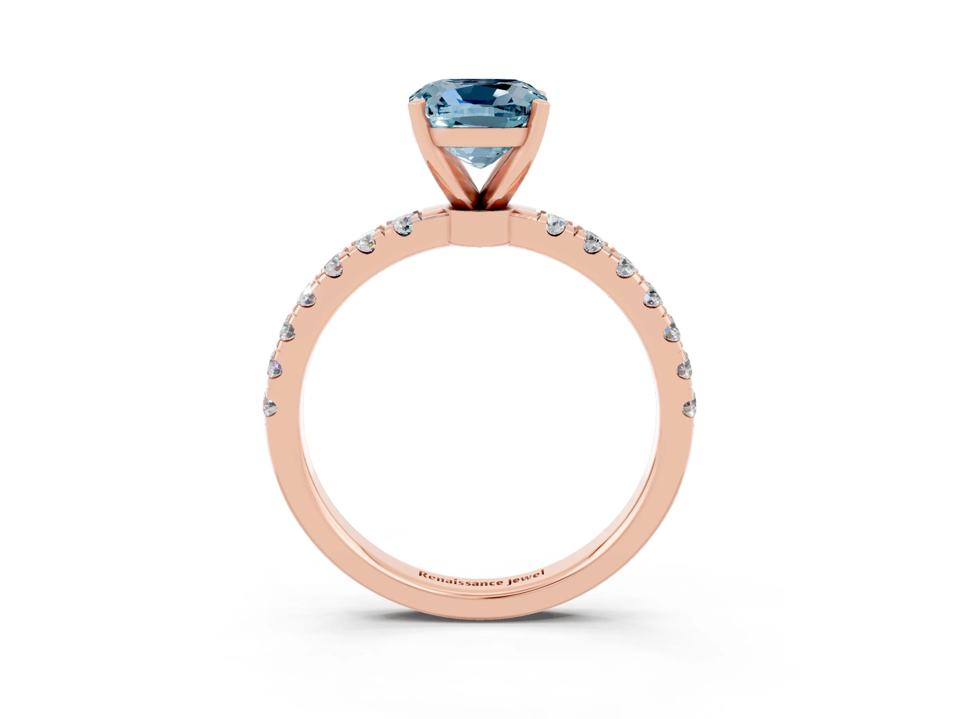 Rose gold Cushion Cut Aquamarine Solitaire Ring with Pavé Accents and Four-Prong Setting_3