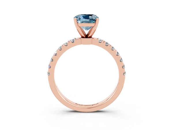 Rose gold Cushion Cut Aquamarine Solitaire Ring with Pavé Accents and Four-Prong Setting