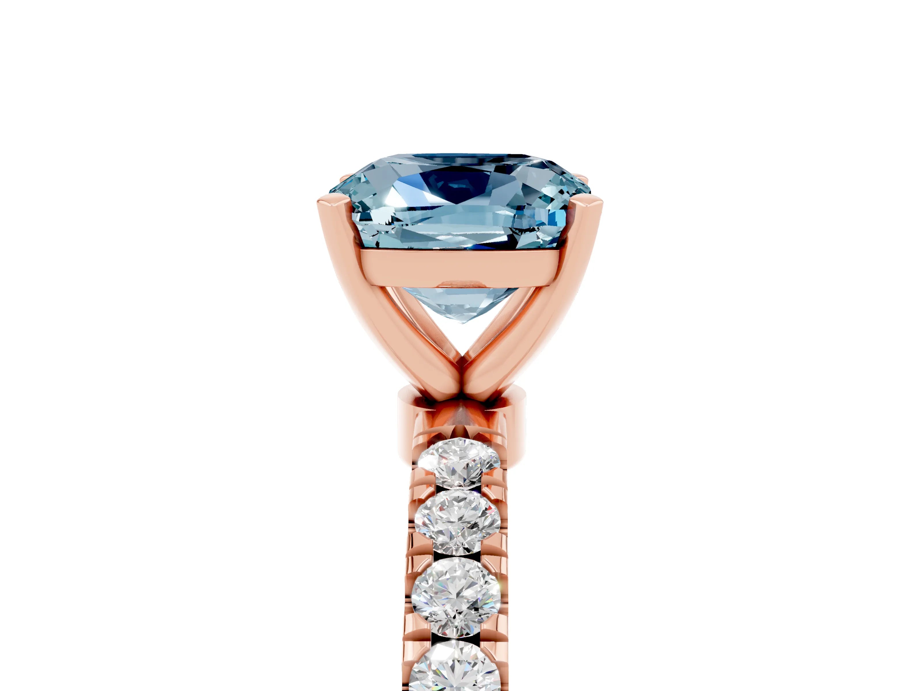 Rose gold Cushion Cut Aquamarine Solitaire Ring with Pavé Accents and Four-Prong Setting_5