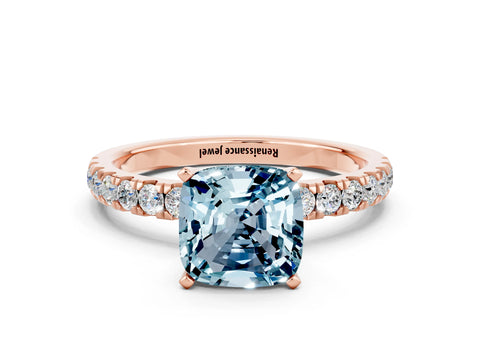Rose gold Cushion Cut Aquamarine Solitaire Ring with Pavé Accents and Four-Prong Setting