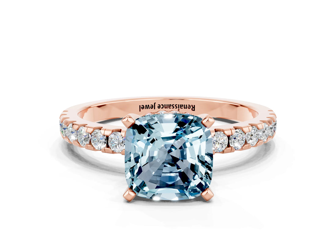 Rose gold Cushion Cut Aquamarine Solitaire Ring with Pavé Band and Four-Prong Setting_24