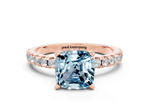 Rose gold Cushion Cut Aquamarine Solitaire Ring with Round  Pavé Band and Four-Prong Setting