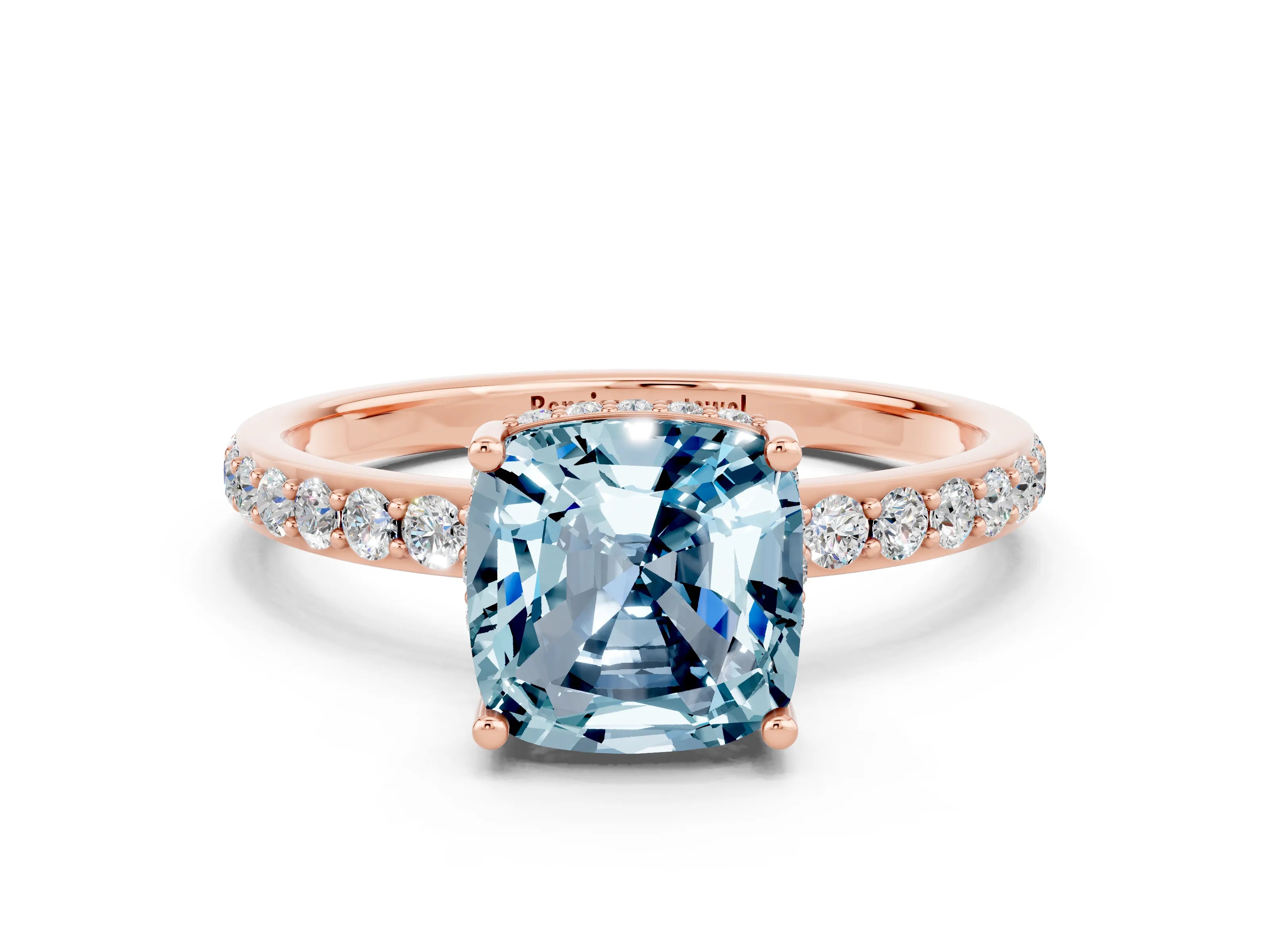 Rose gold Cushion Cut Aquamarine Solitaire Ring with Pavé Band and Hidden Halo_12