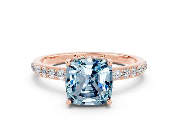 Rose gold Cushion Cut Aquamarine Solitaire Ring with Pavé Band and Hidden Halo