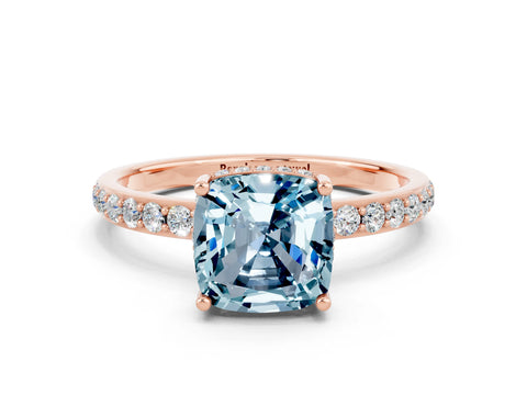Rose gold Cushion Cut Aquamarine Solitaire Ring with Pavé Band and Hidden Halo_12