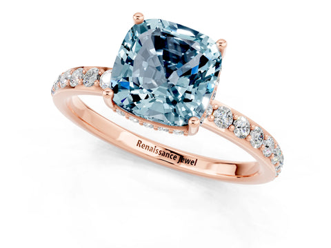 Rose gold Cushion Cut Aquamarine Solitaire Ring with Pavé Band and Hidden Halo_13