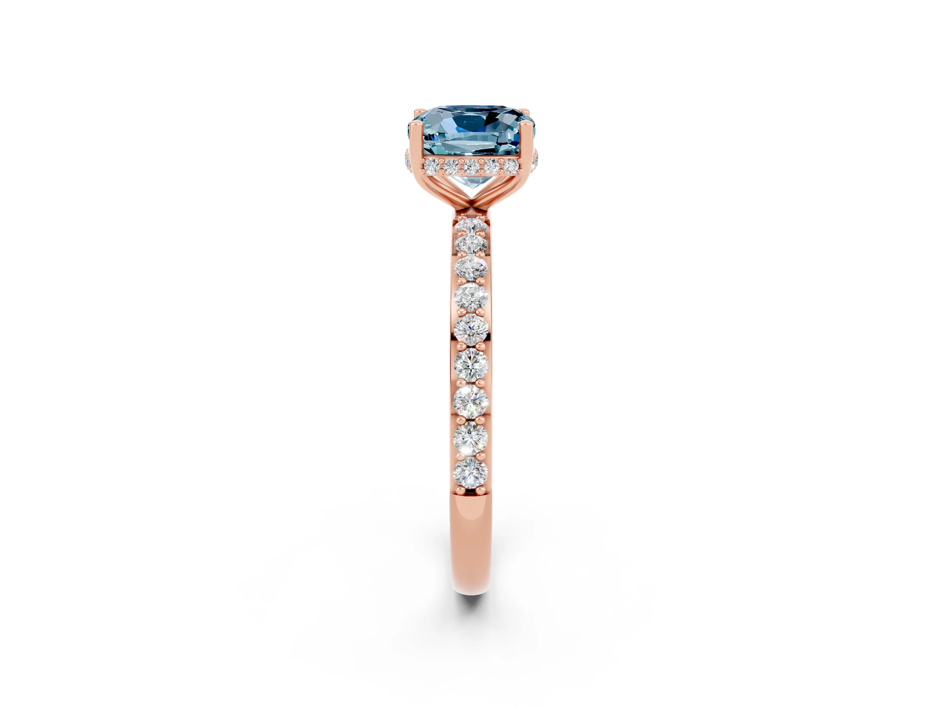 Rose gold Cushion Cut Aquamarine Solitaire Ring with Pavé Band and Hidden Halo_14