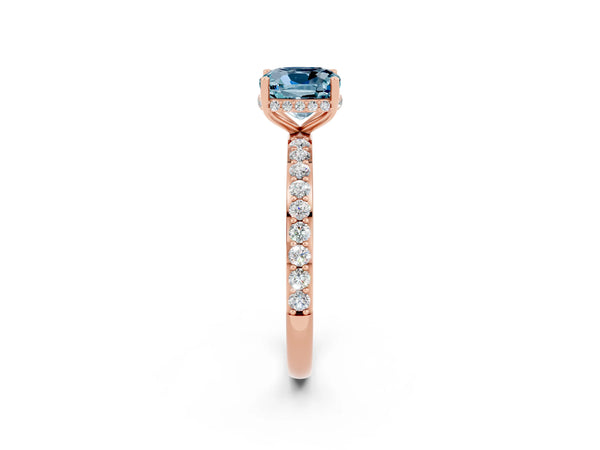 Rose gold Cushion Cut Aquamarine Solitaire Ring with Pavé Band and Hidden Halo