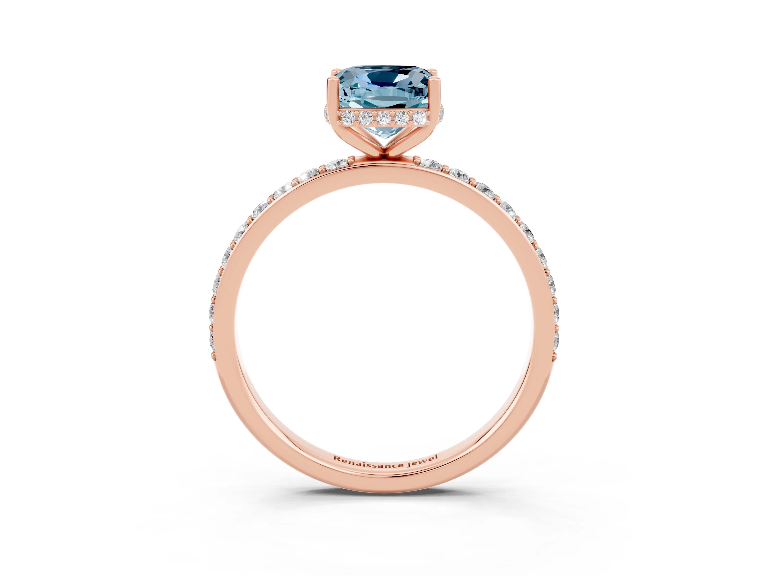 Rose gold Cushion Cut Aquamarine Solitaire Ring with Pavé Band and Hidden Halo_15
