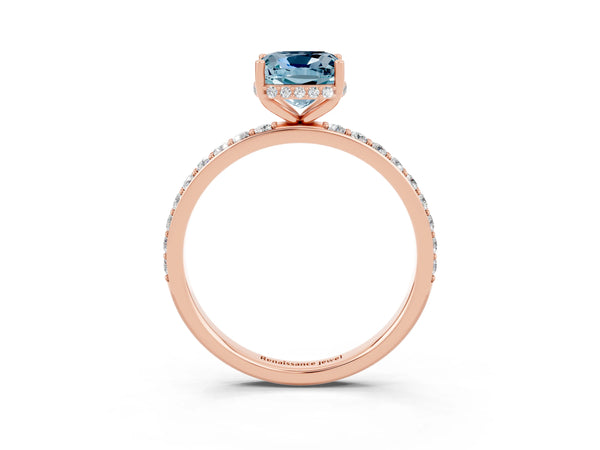 Rose gold Cushion Cut Aquamarine Solitaire Ring with Pavé Band and Hidden Halo