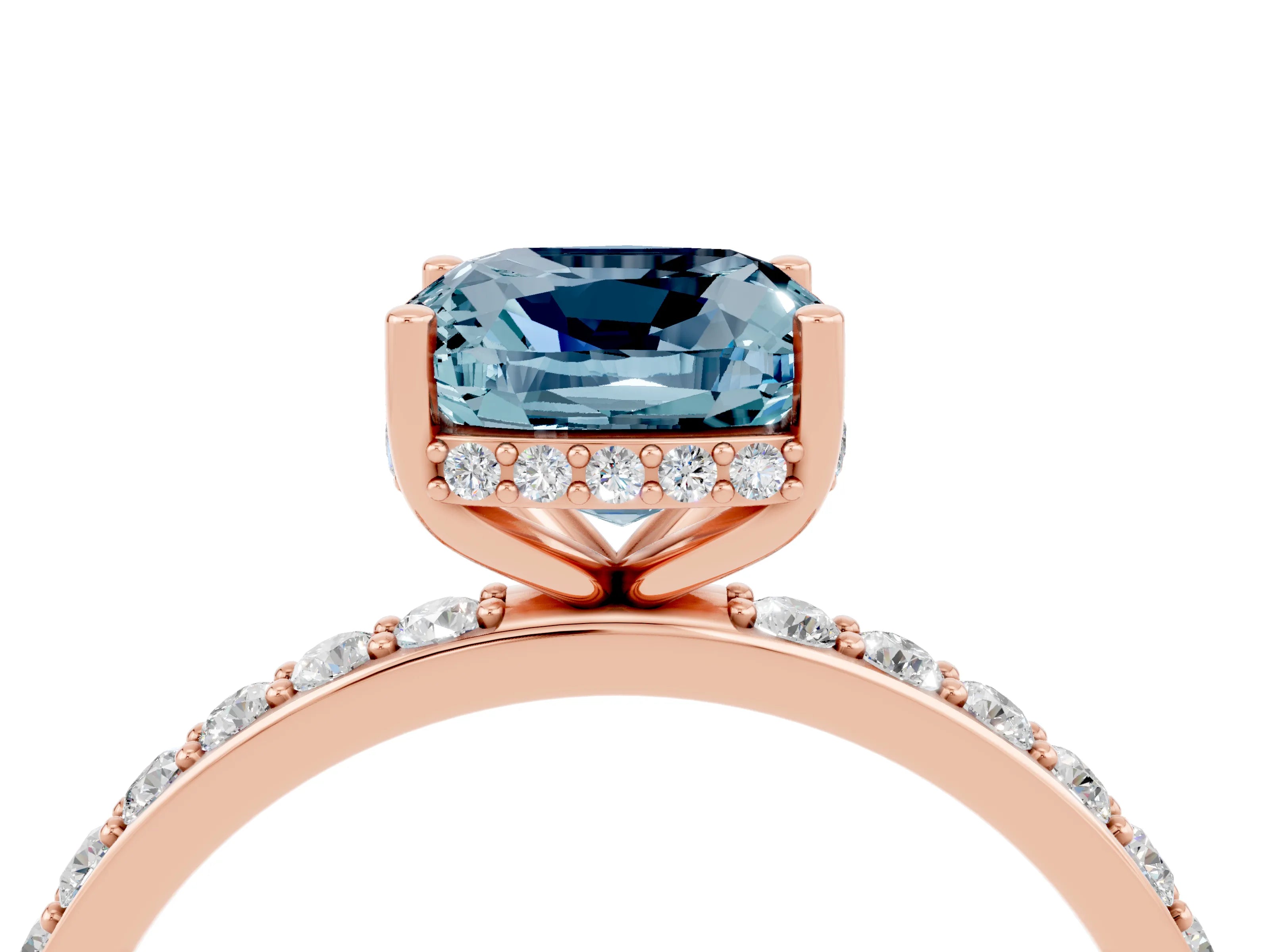 Rose gold Cushion Cut Aquamarine Solitaire Ring with Pavé Band and Hidden Halo_16