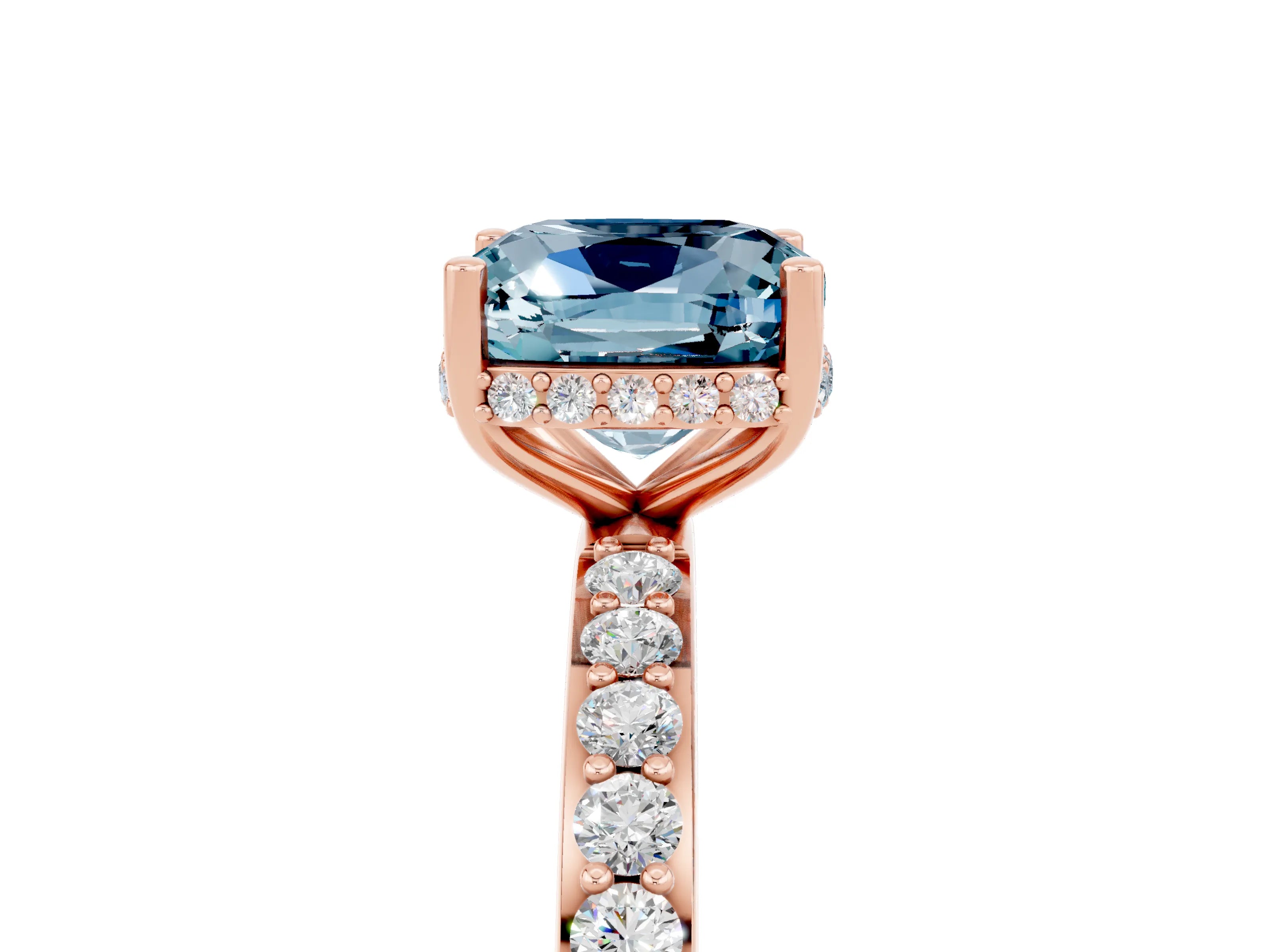 Rose gold Cushion Cut Aquamarine Solitaire Ring with Pavé Band and Hidden Halo_17