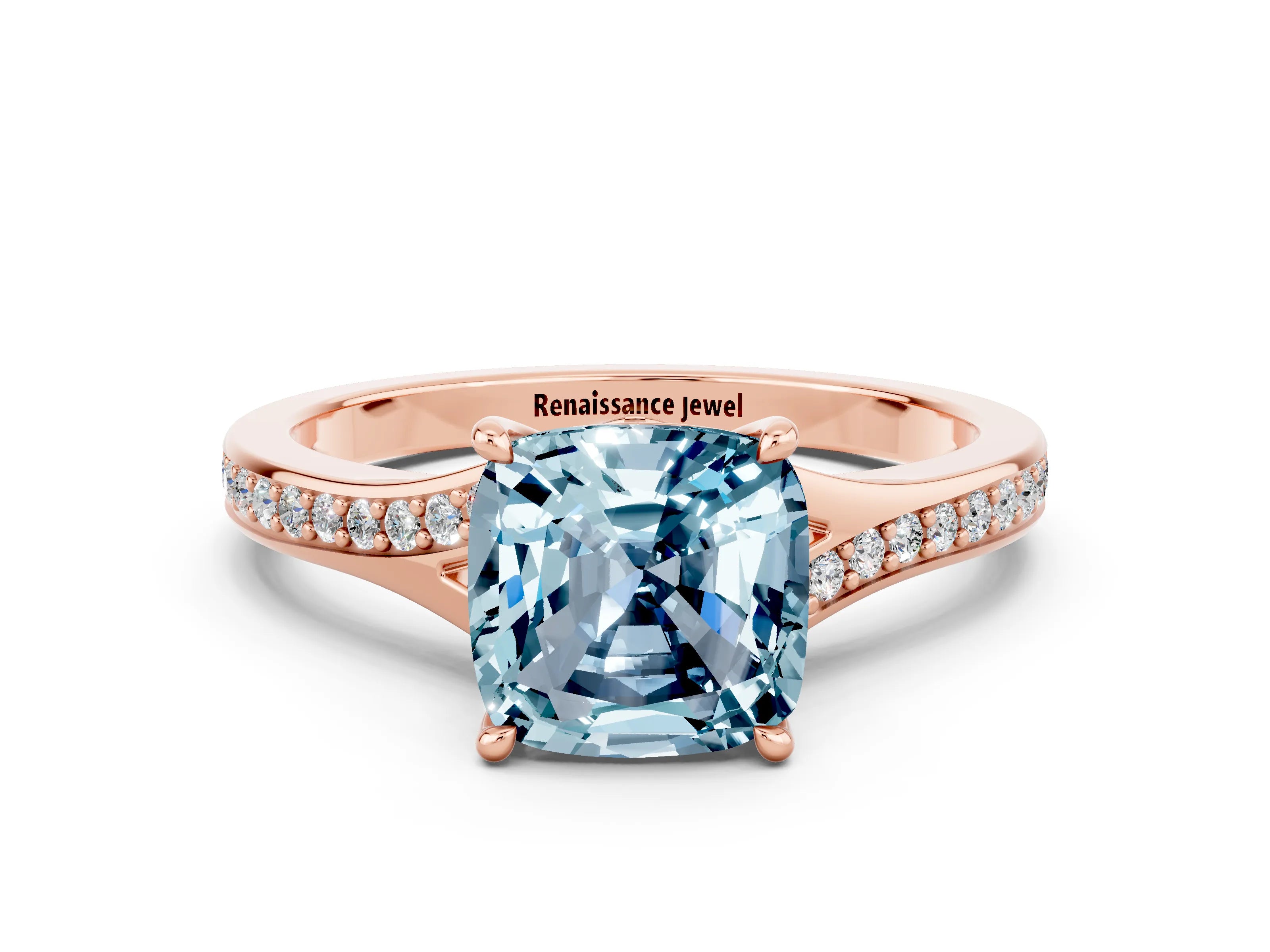 Rose gold Cushion Cut Aquamarine Solitaire Ring with Pavé Band and Prong Setting_12