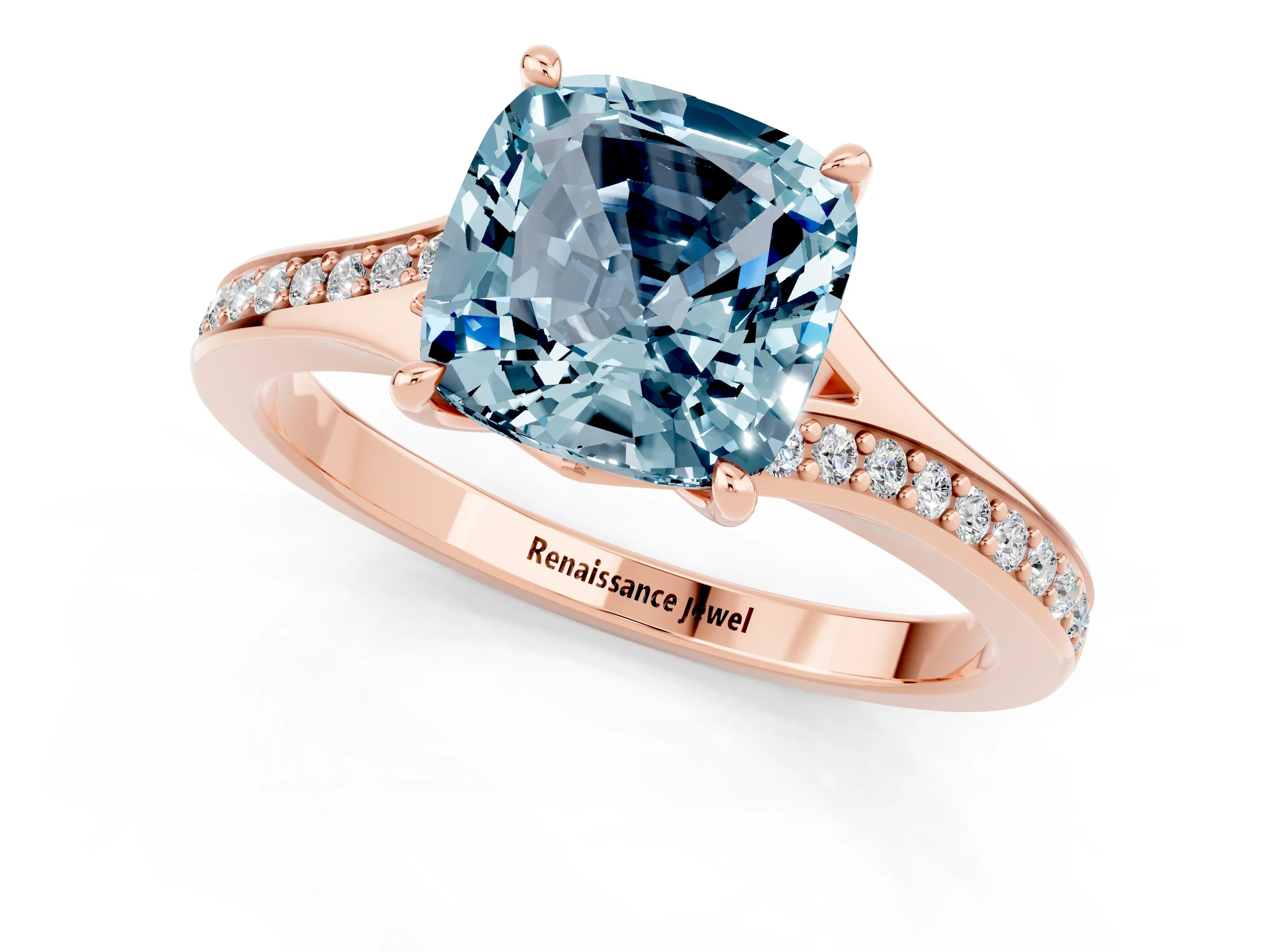 Rose gold Cushion Cut Aquamarine Solitaire Ring with Pavé Band and Prong Setting_13