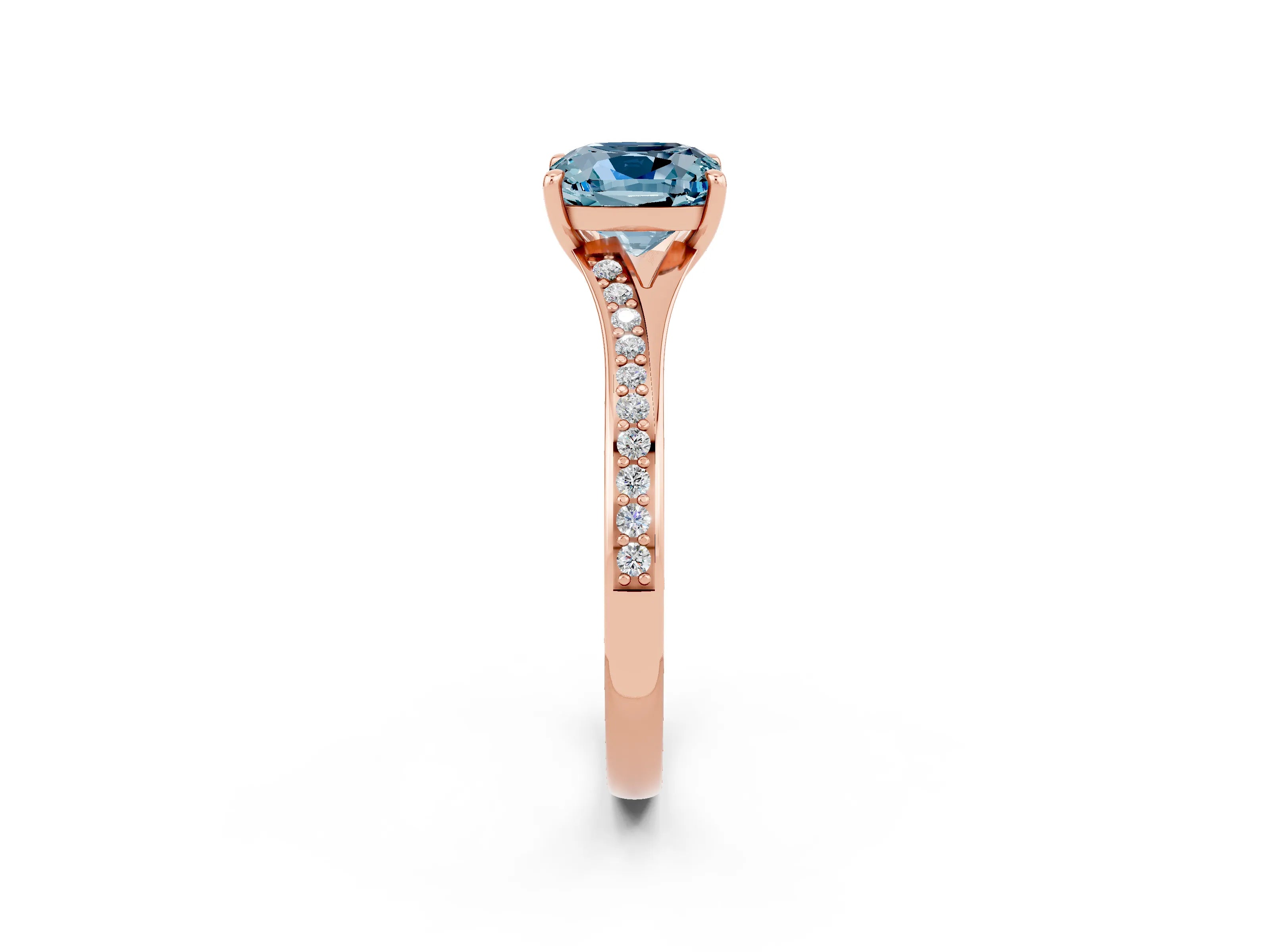 Rose gold Cushion Cut Aquamarine Solitaire Ring with Pavé Band and Prong Setting_14