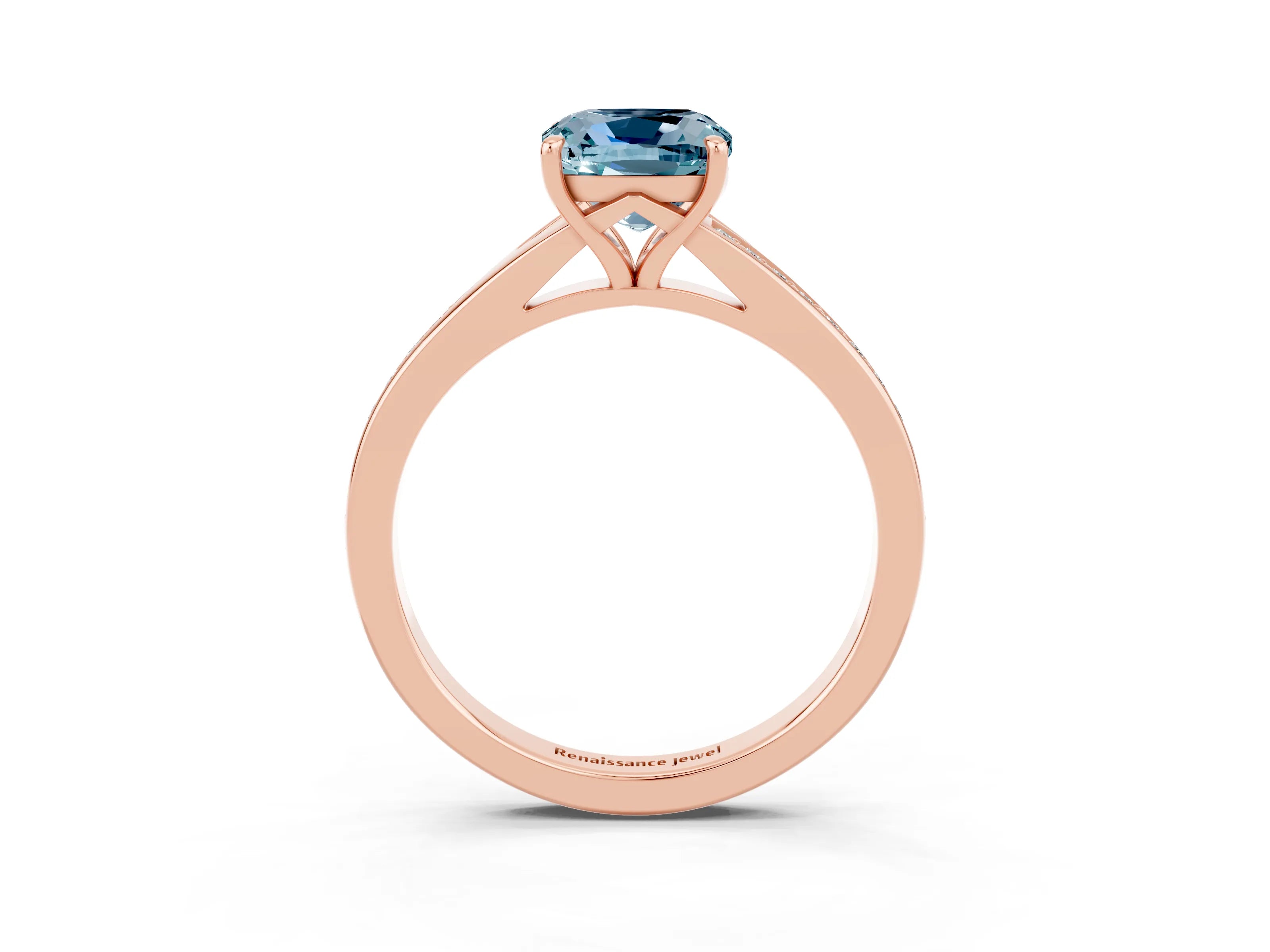 Rose gold Cushion Cut Aquamarine Solitaire Ring with Pavé Band and Prong Setting_15