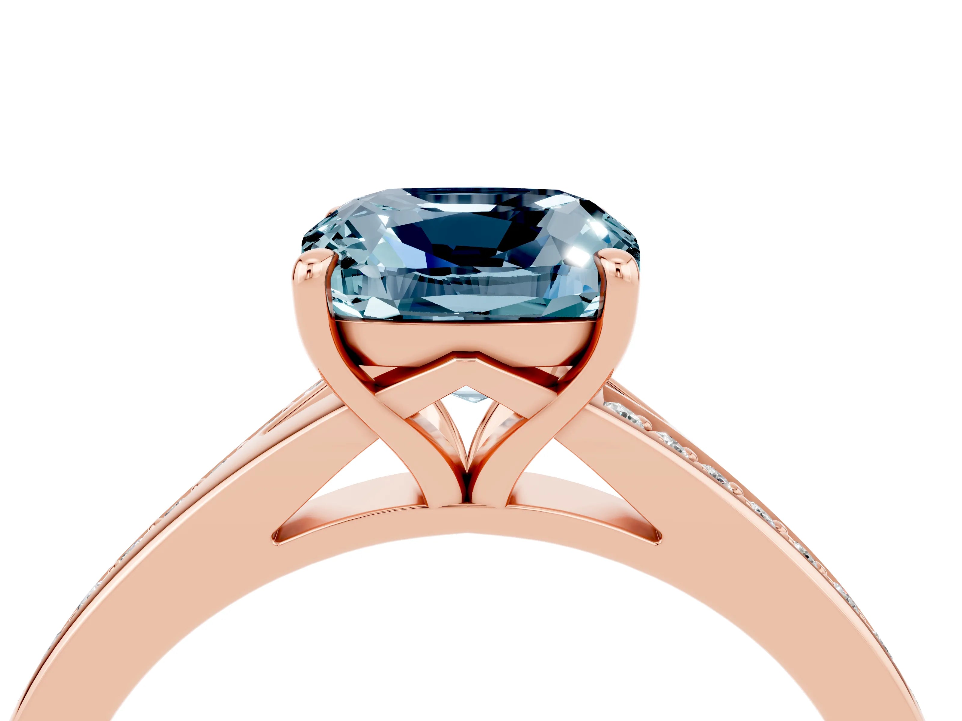 Rose gold Cushion Cut Aquamarine Solitaire Ring with Pavé Band and Prong Setting_16
