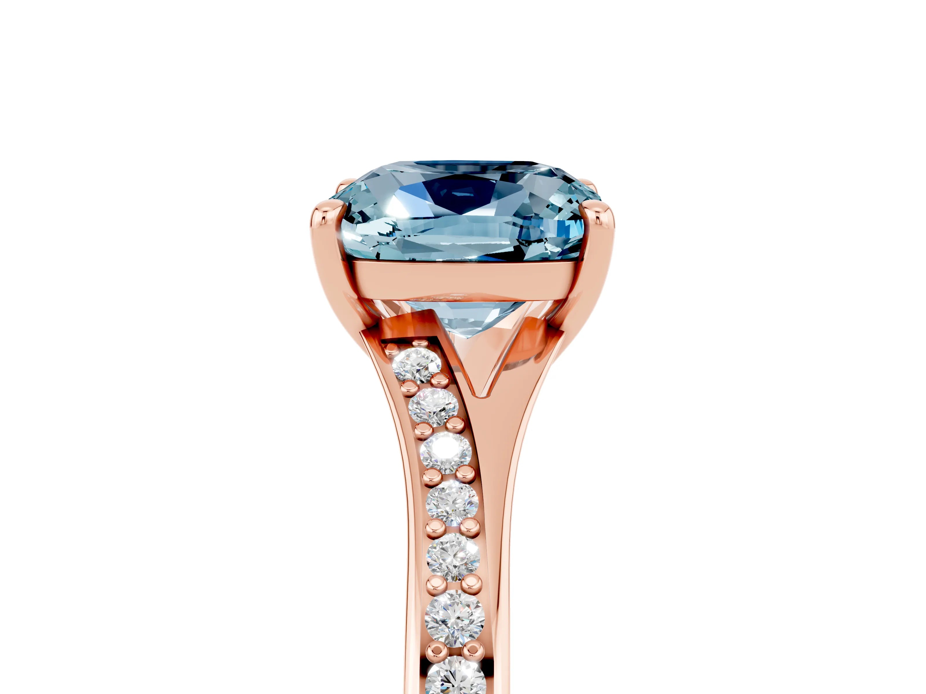Rose gold Cushion Cut Aquamarine Solitaire Ring with Pavé Band and Prong Setting_17