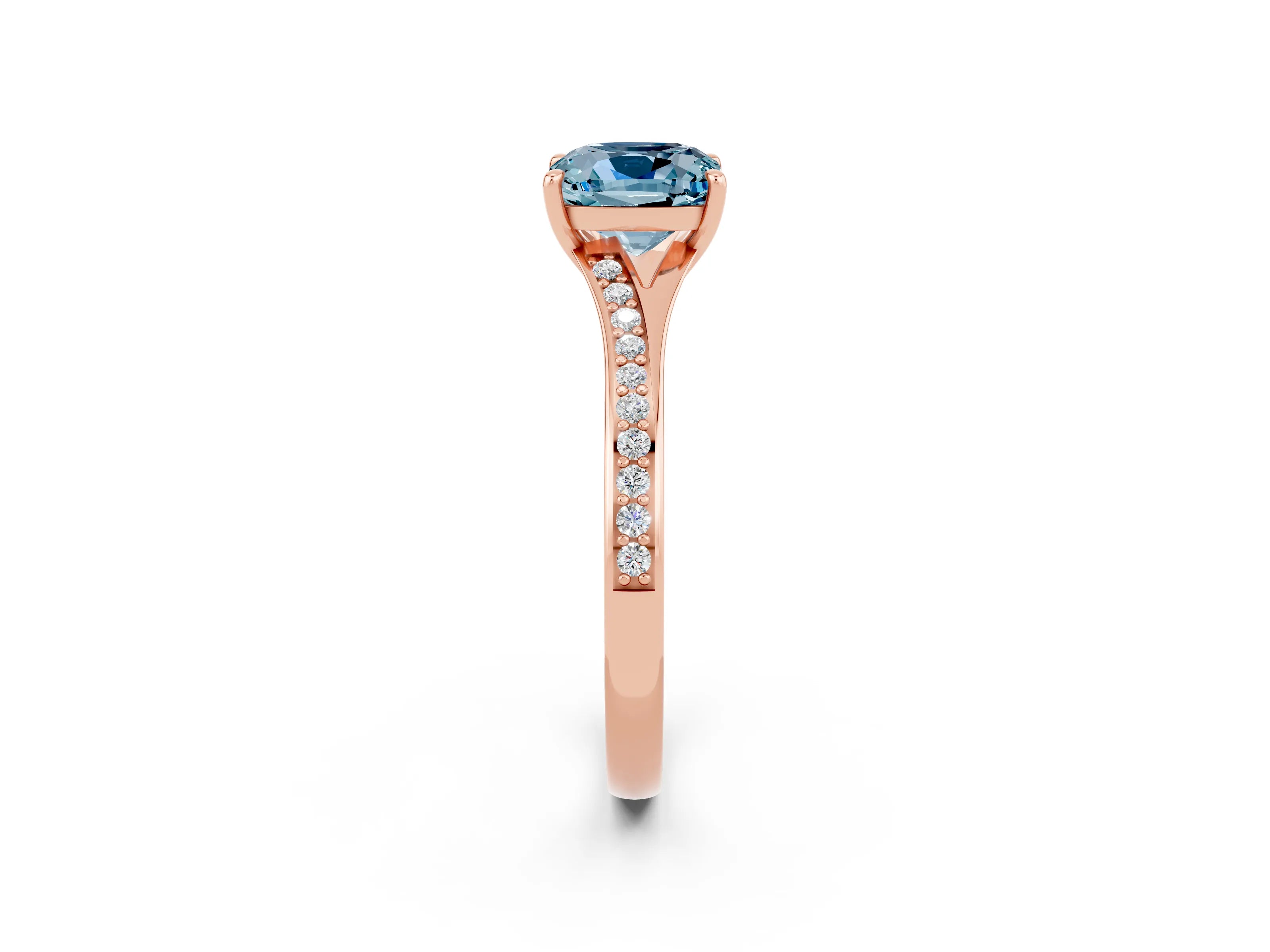 Rose gold Cushion Cut Aquamarine Solitaire Ring with Pavé Band and Prong Setting_2