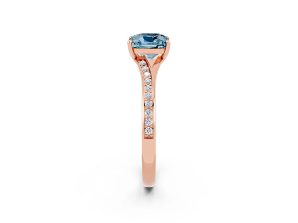 Rose gold Cushion Cut Aquamarine Solitaire Ring with Pavé Band and Prong Setting