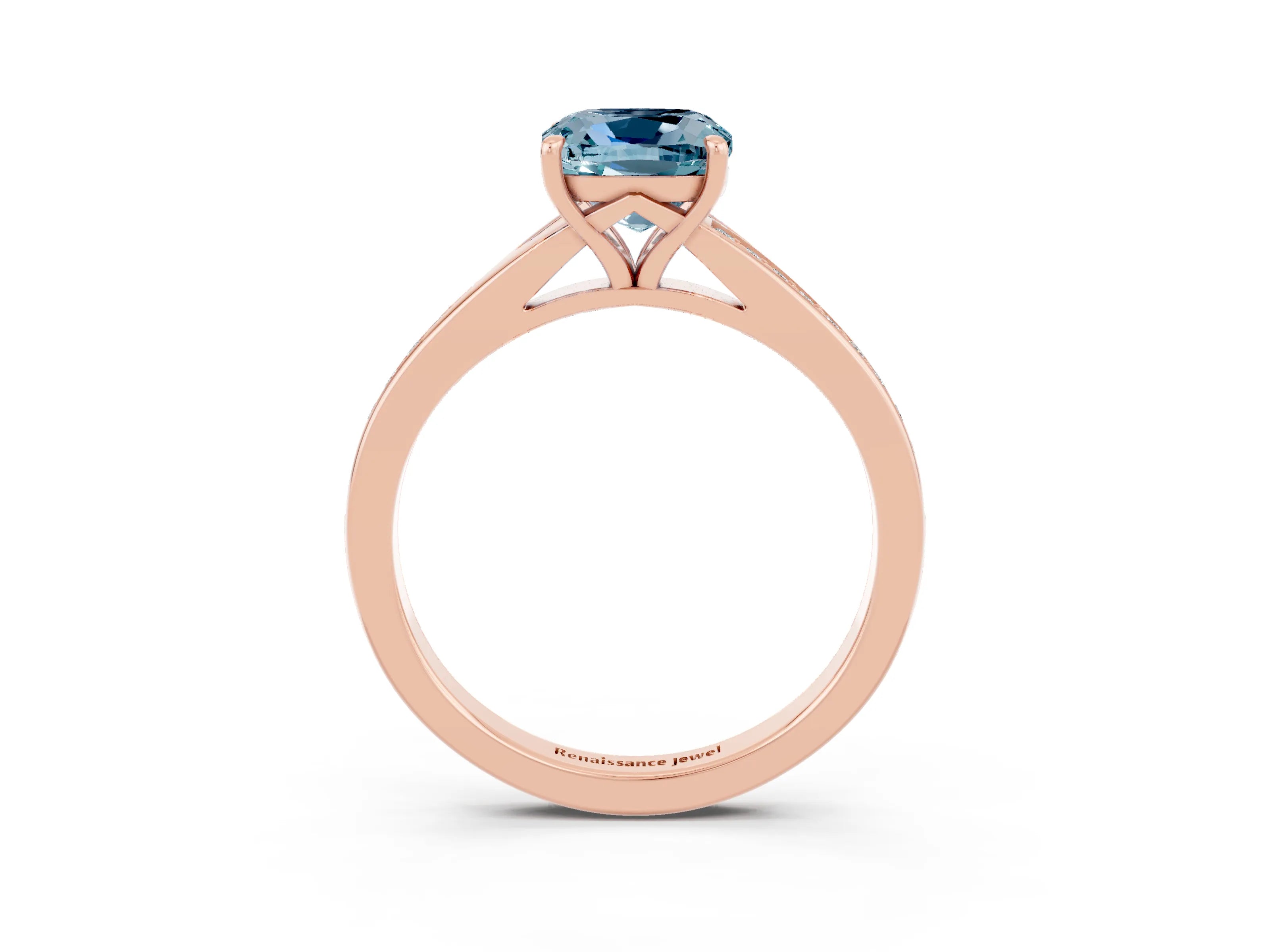 Rose gold Cushion Cut Aquamarine Solitaire Ring with Pavé Band and Prong Setting_3