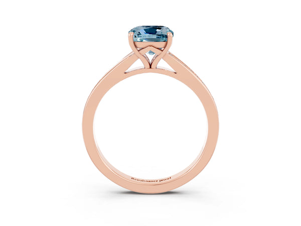 Rose gold Cushion Cut Aquamarine Solitaire Ring with Pavé Band and Prong Setting