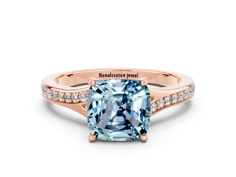Rose gold Cushion Cut Aquamarine Solitaire Ring with Pavé Band and Prong Setting