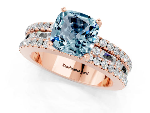 Rose gold Cushion Cut Aquamarine Solitaire Ring with Pavé and Channel Set Band_1