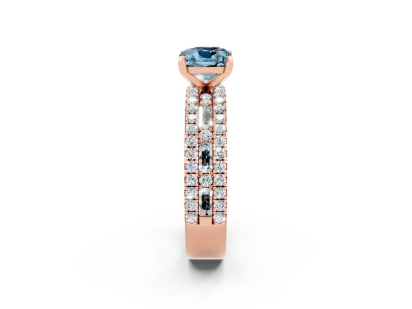 Rose gold Cushion Cut Aquamarine Solitaire Ring with Pavé and Channel Set Band