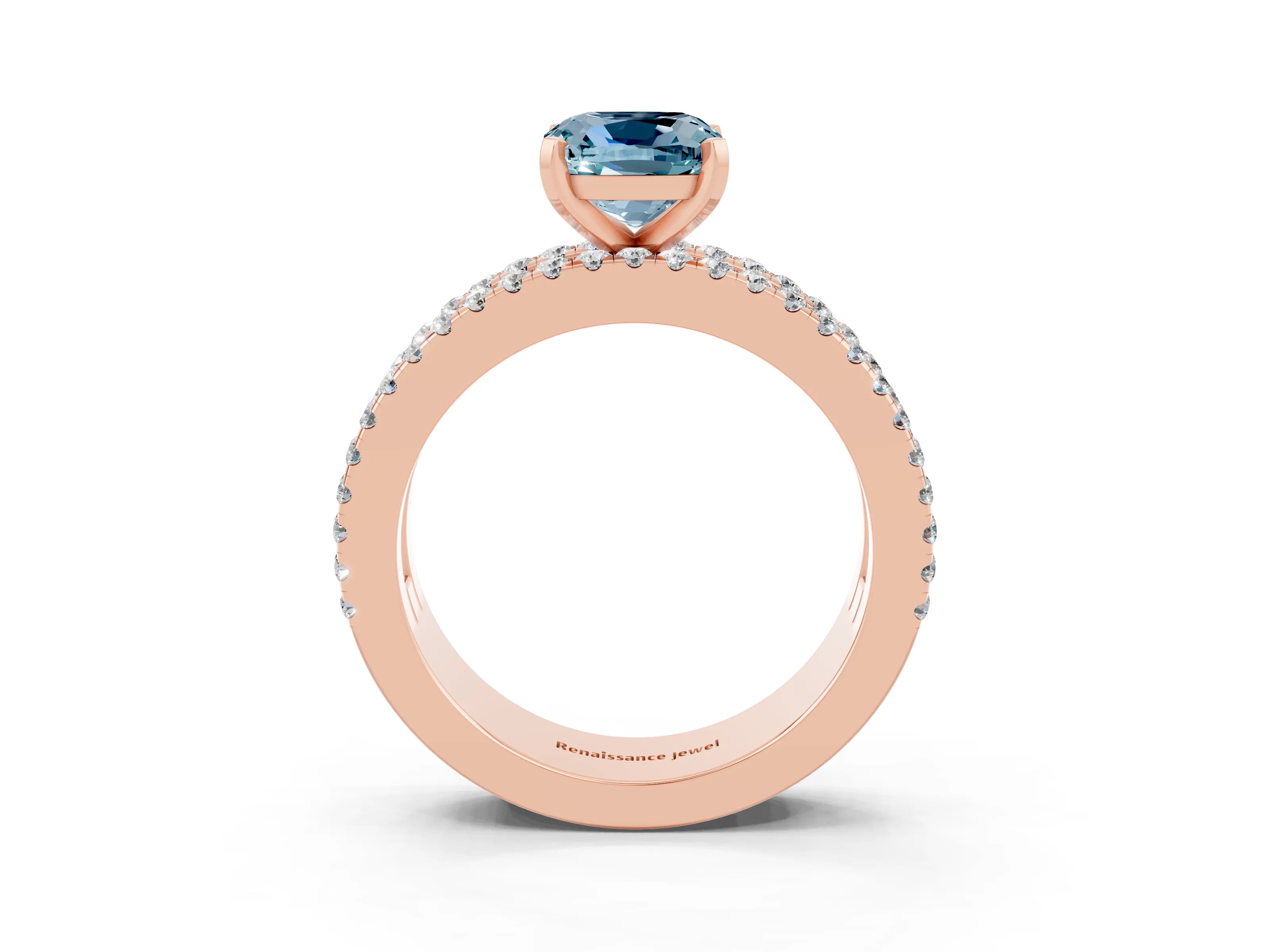 Rose gold Cushion Cut Aquamarine Solitaire Ring with Pavé and Channel Set Band_3